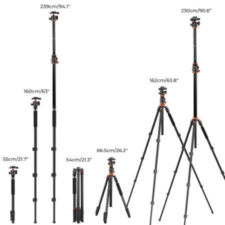 K&F Concept KF4248 - statyw fotograficzny T254A7 + głowica kulowa BH-28L - wymiary